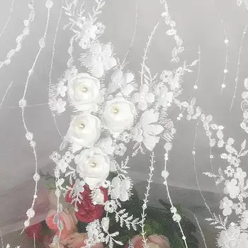 130cm Latime de Fildeș Epocă 3D Floare Floare Broderie Tul ochiurilor de Plasă Tesatura Dantela Cu Margele Perla Pentru Rochie de Nunta/Rochie de Seara