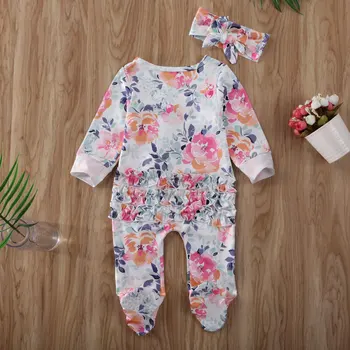 2 buc Copil Nou-născut Fată Floare Haine Volane cu Maneci Lungi Vladan +Bentita Pijamale Pijamale