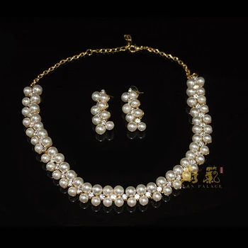 2 Rând Simulate Perla Set de Bijuterii Inlay CZ Zircon Femei Superbe Bijuterii de Mireasă de Culoare de Aur Colier Cercei Stud en-Gros