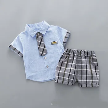 2019 copii frumos haine copii tricou casual cu cravata+Plaid pant 2 buc/set baieti moda vara seturi.