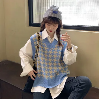 2020-coreean negru și alb verifica femei Tricotate Vesta office elegant versatil V-neck fără mâneci pulover