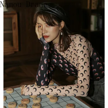 2020 Designer Luna Print T Shirt Femei Turtle Neck Long Sleeve Top De Culoare Bloc Tee Cămașă Lenjerie De Corp Haine