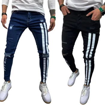 2020 Noua Moda pentru Bărbați Rupt Blugi în Dificultate Pantaloni Casual Slim Fit Scrisoare Dungi de Imprimare Skinny Denim Pantaloni