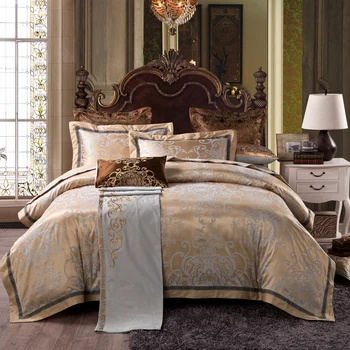 4pc Gri aur Jacquard lenjerie de pat seturi de regina king size carpetă acopere set de Mătase, Tesatura de amestec Bumbac lenjerie de pat de lux