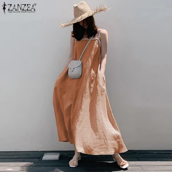5XL ZANZEA Elegant Supradimensionat Rochie fără Mâneci 2021 Femei Casual de Vacanta Sundress Bretele Rochii Maxi Vestidos Femme Plus Dimensiune