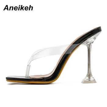 Aneikeh Vara FLIP FLOPS pentru Femei Pantofi Papuci de Diapozitive PU Superficial pantofi cu Toc în Afara Deget de la picior Pătrat Negru marimi 35-40 de Moda Noua