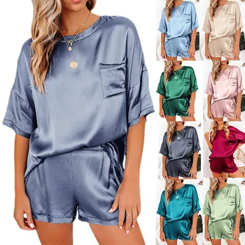 Buzunare 2021 Primavara-Vara 2 Bucata Set Nou de Satin de Mătase pentru Femei Seturi de Homewear Tricouri si Elastic Talie pantaloni Scurți Costum de Pijama M0252