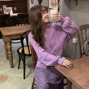 Cardigan Pentru Femei De Vânzare Fierbinte Solid Violet Jumper Tricotate Pulover Vrac Chic Farmec Topuri De Femei Moale, Haine Noi De Populare Ulzzang