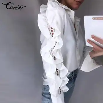 Celmia 5XL Moda Butoanele de Muncă Blusas Femei Lungă cu Volane Bluza cu Maneci Tricou Rever Gol Liber Casual Supradimensionate Sus Femininas