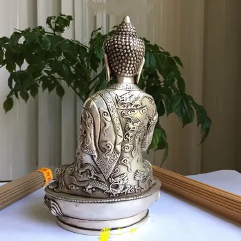 China Argint Budismul bine dragon Po Cântat Buddha Lotus loc Sculptura Medicina Buddha Statuie