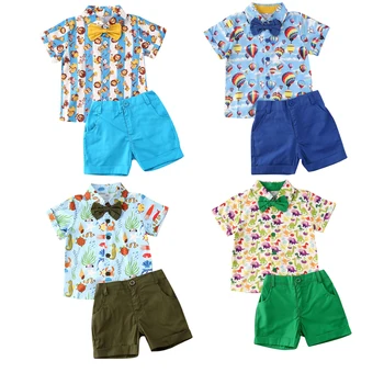 Copilul Tinutele de Vara, Scurt Mâneci Florale Cămașă cu Papion + Solid pantaloni Scurți Set pentru Băiețel, 1-6 Ani