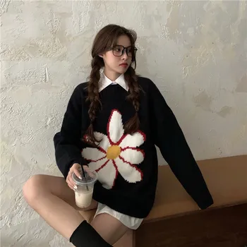 Cotday O De Gât Stil Preppy Gros De Flori Tricotate Pulover Roșu Haina Femei Libere Harajuku Plus Dimensiune Coreean Mujer Pulover Pulover