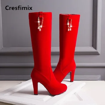 Cresfimix femei de moda de înaltă calitate 10cm cizme cu toc doamna negru confortabile cizme de toamna de sex feminin de culoare roșie, cizme de iarna a2300