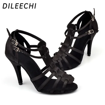 DILEECHI Femei latine dans pantofi din Satin Negru Confortabil Pantofi de Dans latino Pentru Femei, Inaltime Toc 10 cm