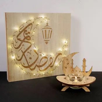 DIY din Lemn Eid Mubarak Luna de Lumină LED String Placa de Lemn Agățat Pandantiv Ramadan Artizanat, Decorațiuni de Perete pentru Casa Islamului