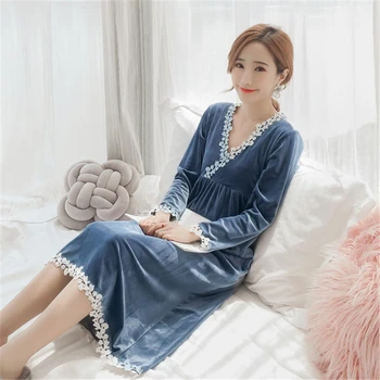 Femei cămașă de noapte de Toamna V-neck maneca lunga-rochie de dantelă Vintage de catifea Sleepwear Doamnă Elegantă cămașă de noapte Romantică