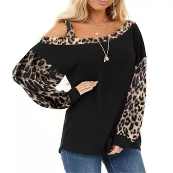 Femei de Moda Toamna Casual Leopard Rece Umăr Maneca Lunga Pulover Vrac Top Streetwear Femei Haine Leopard Sexy T-shirt