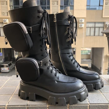 Femei Superbe 2020 Cizme La Modă Din Piele De Buzunar Motocicleta Cizme Cizme Cavaler Pentru Femei Indesata Talpa Platforma Militară Pantofi