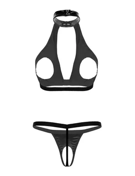 Femeile Cald Umed Faux din Piele Bikini, Lenjerie Sexy Erotic Set de Lenjerie Clubwear Ștreangul de Gât Gol Bust Sutien cu G-string