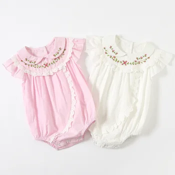 Haine Bumbac Organic Pentru Bebelusi Nou-Nascuti Broderie Salopetă De Vară Fetita Spaniolă Salopeta Copil Pijamale Twin Tinutele Roz Alb