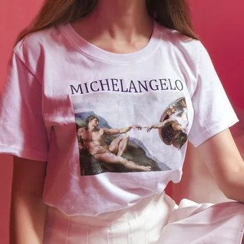 Harajuku Michelangelo Epocă ulei de imprimare femei kawaii femei femei t-shirt-uri de Moda ulzzang tumblr Casual Cappella Sistina tricou