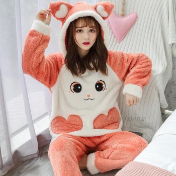 Iarna Panda Cu Gluga Flanel Femei Seturi De Pijamale Groase Caldă De Crăciun Pijamale Femei Sticth PiJamas Sleepwear Acasă Costume De Îmbrăcăminte