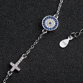 Lux Albastru Norocos Ochi& Zircon Cross Brățară Brățară de Link-ul Lanț Farmecul Brățară pentru Femei Argint 925 Solid Bijuterii