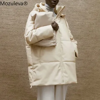 Mozuleva 2020 Iarna Femei PU cu Gluga din Bumbac Captusit Jacheta de Lungime Medie, din Imitație de Piele de Bumbac Haina Palton cu Gluga
