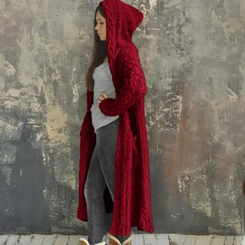 Muyogrt Femei Cardigan Lung Solid Jacheta Cu Gluga Pentru Femei Pulover 2020 Toamna Iarna Femei Haina Casual, Pulovere Lungi Tricotate