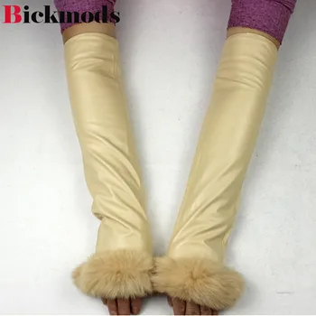 Mănuși de piele de oaie 40 cm lungime braț maneca femei de moda blană de iepure cuff garnitură de catifea feminin cald mănuși din piele transport gratuit
