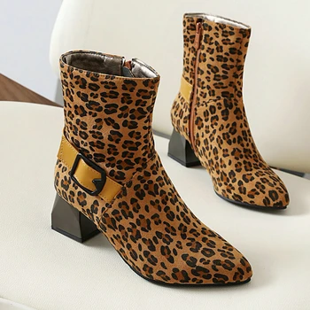 Noi Cele Mai Bune Vânzătorii De Moda Sexy Leopard De Imprimare A Subliniat Toe Femei Cizme Glezna Cu Fermoar, Catarama Med Tocuri Pantofi De Lucru Femei Plus Dimensiune 43