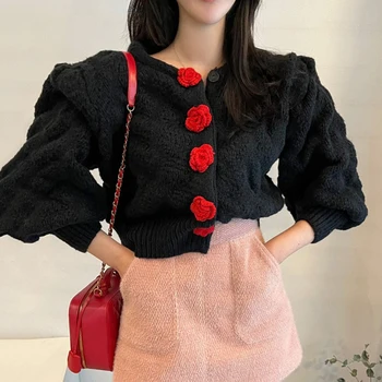 Nomikuma Epocă Manșon de Puf O-gât Pulover Haina coreean 3D Flori Tricotate Cardigan de Primăvară Scurt Tricotaje Topuri 2021 Noi 6E182