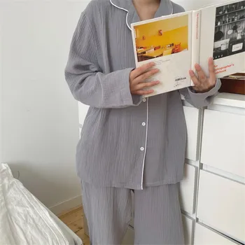 Oamenii solidă bumbac pijama set de toamnă femei pijamale cu maneca lunga butonul pigiama pijama, pijamale, seturi de simplu de 2 piese de îmbrăcăminte de noapte L036