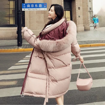 Palton lung Pentru Femei 2021 Iarna Nou Alb Rață Jos coreean Vrac Moda cu Glugă de Blană de Vulpe Guler Gros de Buzunar Sacou de Calitate 66M