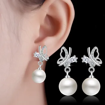 Pandach Clar CZ Fluture Picătură Cercei Cu Perle Pentru Femei Hot de Bijuterii de Moda Argint 925 Cercei CME294