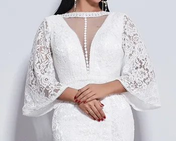 Poezii Melodii noi elegant, Flare sleeve stil de rochie de mireasa dantela 2020 pentru nunta Vestido de noiva Sirena ivory / alb culoare