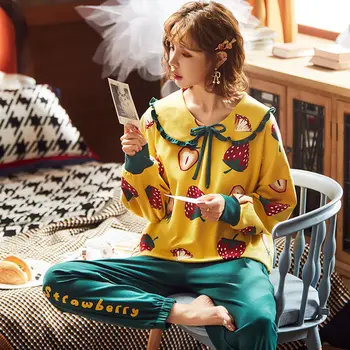 Seturi de pijama cu Maneca Lunga 2XL Toamna Femei Volane Peter Pan Guler Homewear Kawaii Elevii coreeană Stil Elegant Vrac Femei Nou