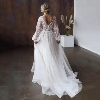 Thinyfull Plus Dimensiune Rochii de Mireasa V Gâtului O Linie Lungă Puffy Maneca Rochii de Mireasa Tul Dantela Aplicatii Vestidos de novia 2020