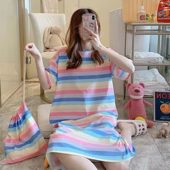 Țesătoarele Multi-stil Cămașă de noapte de Vară de sex Feminin coreeană din Tricot de Bumbac de Servicii de Origine de Desene animate Dulci Pijamale Largi de Dimensiuni Mari